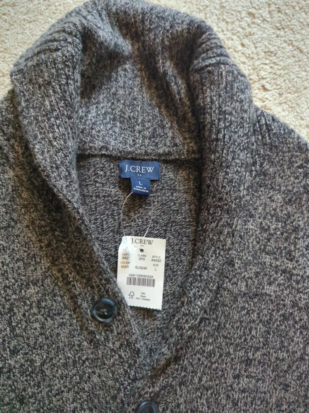 J.Crew Shawl Collar Sweater Marled Grey Button Placket Size L